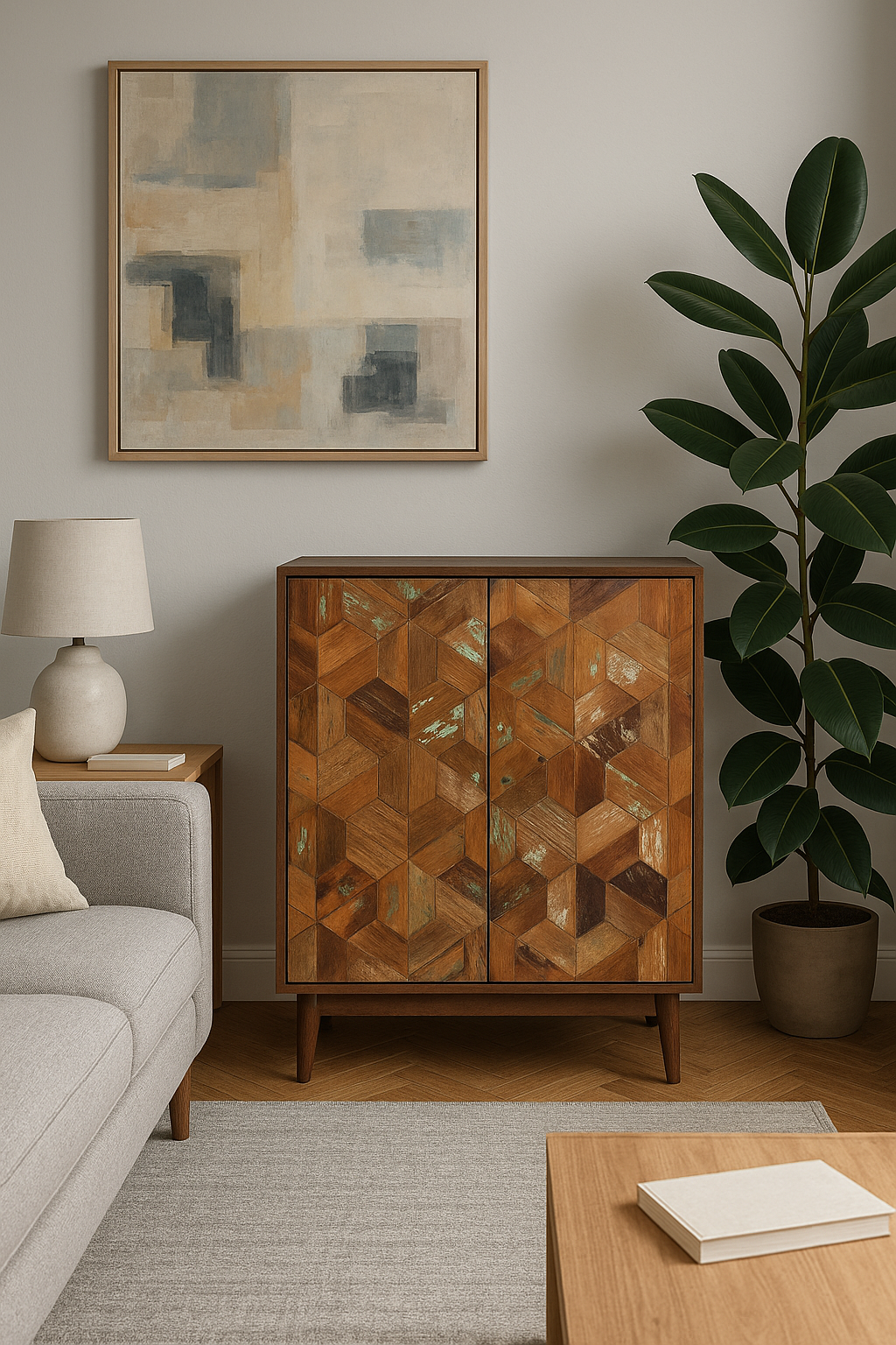 Wooden cabinet in a living room with a abstract painting, lamp, and plant.