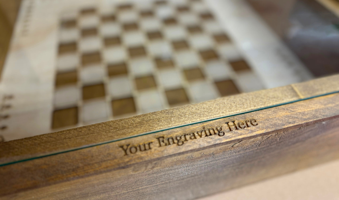 Wooden box with 'Your Engraving Here' text on a checkered background