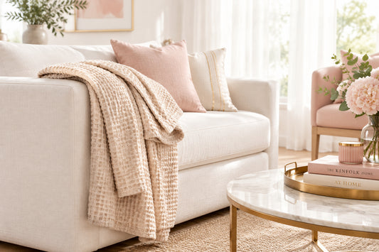 A folded beige textured blanket with a waffle-weave pattern, shown on a clean white background.
