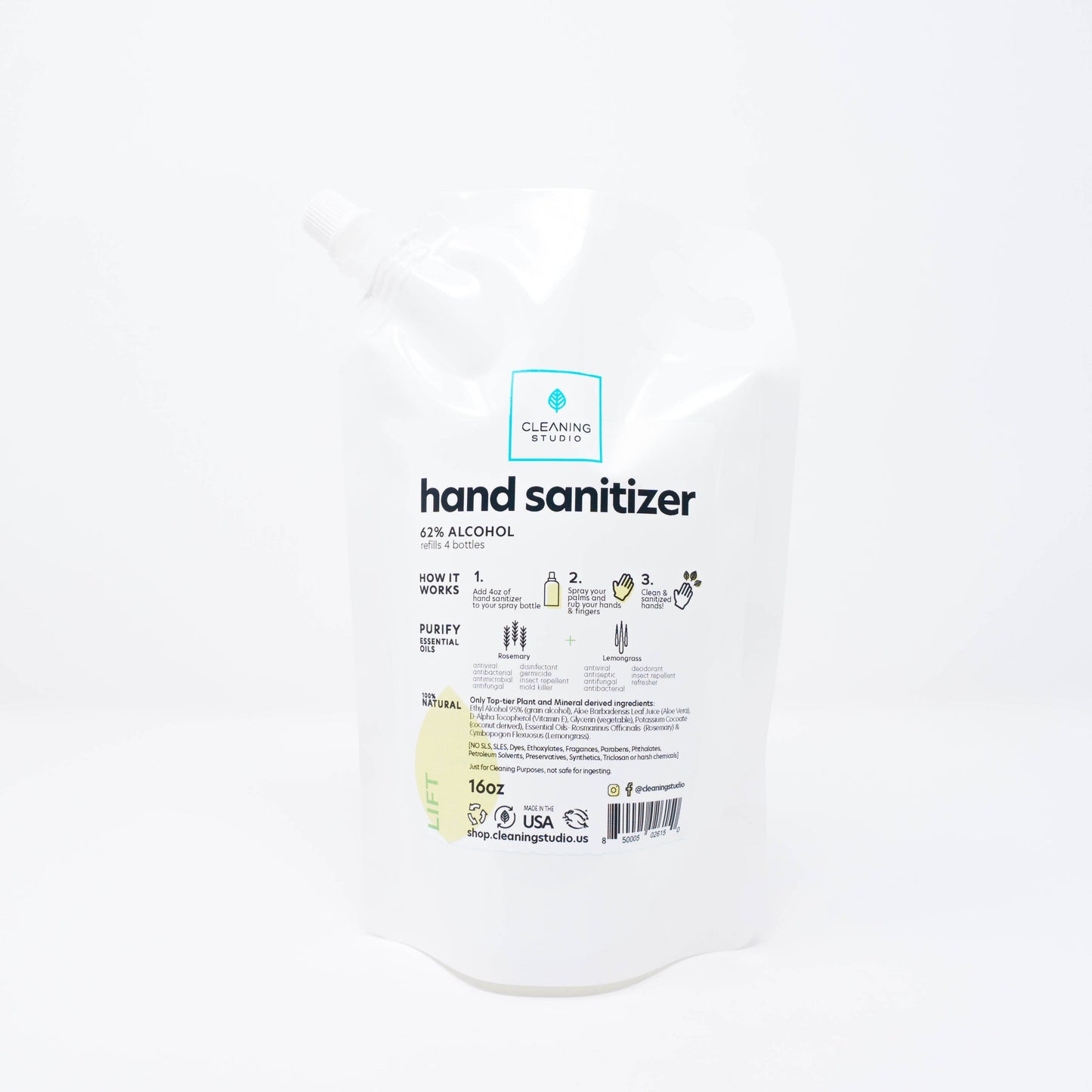 Cleaning Studio - 100% Natural Hand Sanitizer with 62% Alcohol and powered by our Lift Essential Oil Blend with Rosemary & Lemongrass - Refill Bag