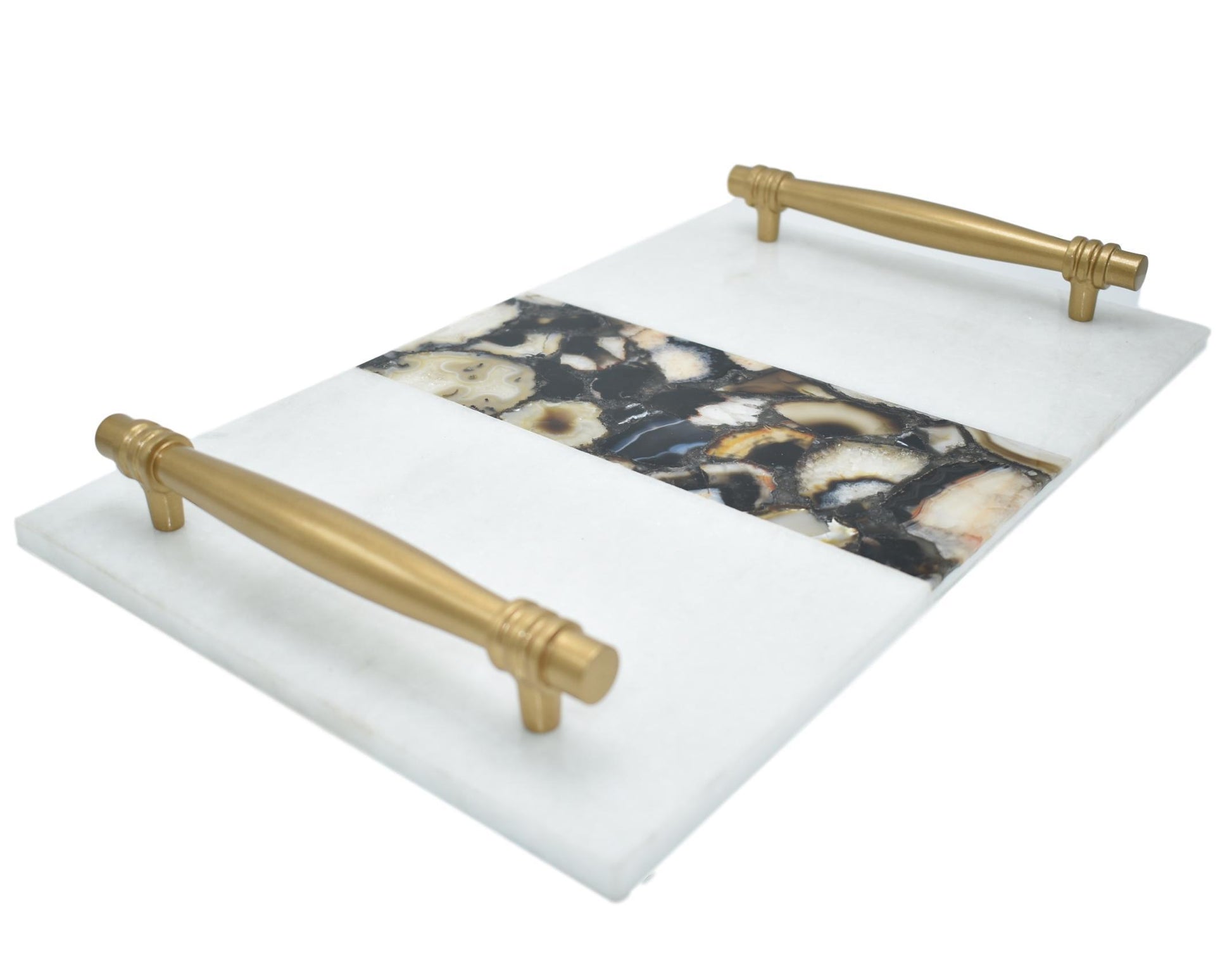 Elegant 16x10 marble serving tray with agate inlay and gold handles. Perfect for entertaining, dinner parties, and as a statement piece for your home decor.