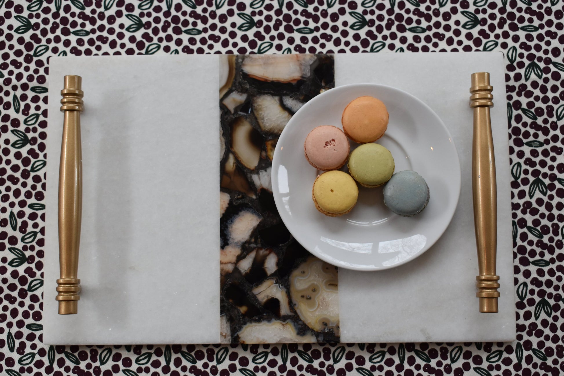 Elegant 16x10 marble serving tray with agate inlay and gold handles. Perfect for entertaining, dinner parties, and as a statement piece for your home decor.