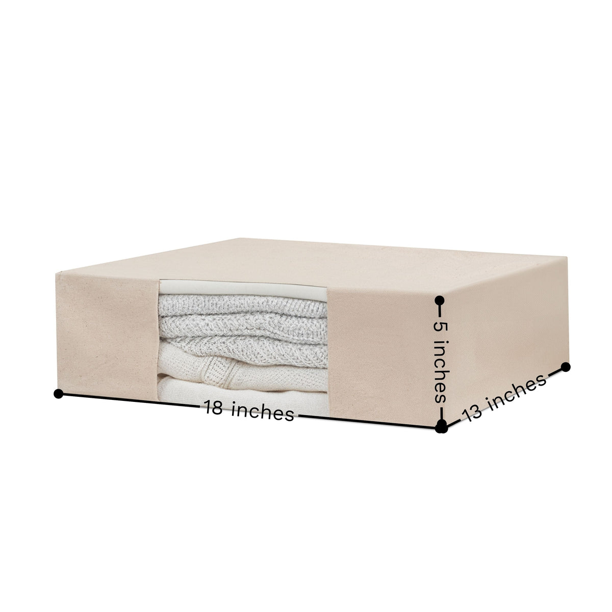 Measurement chart of a folded blanket inside a beige storage bag with dimensions labeled.