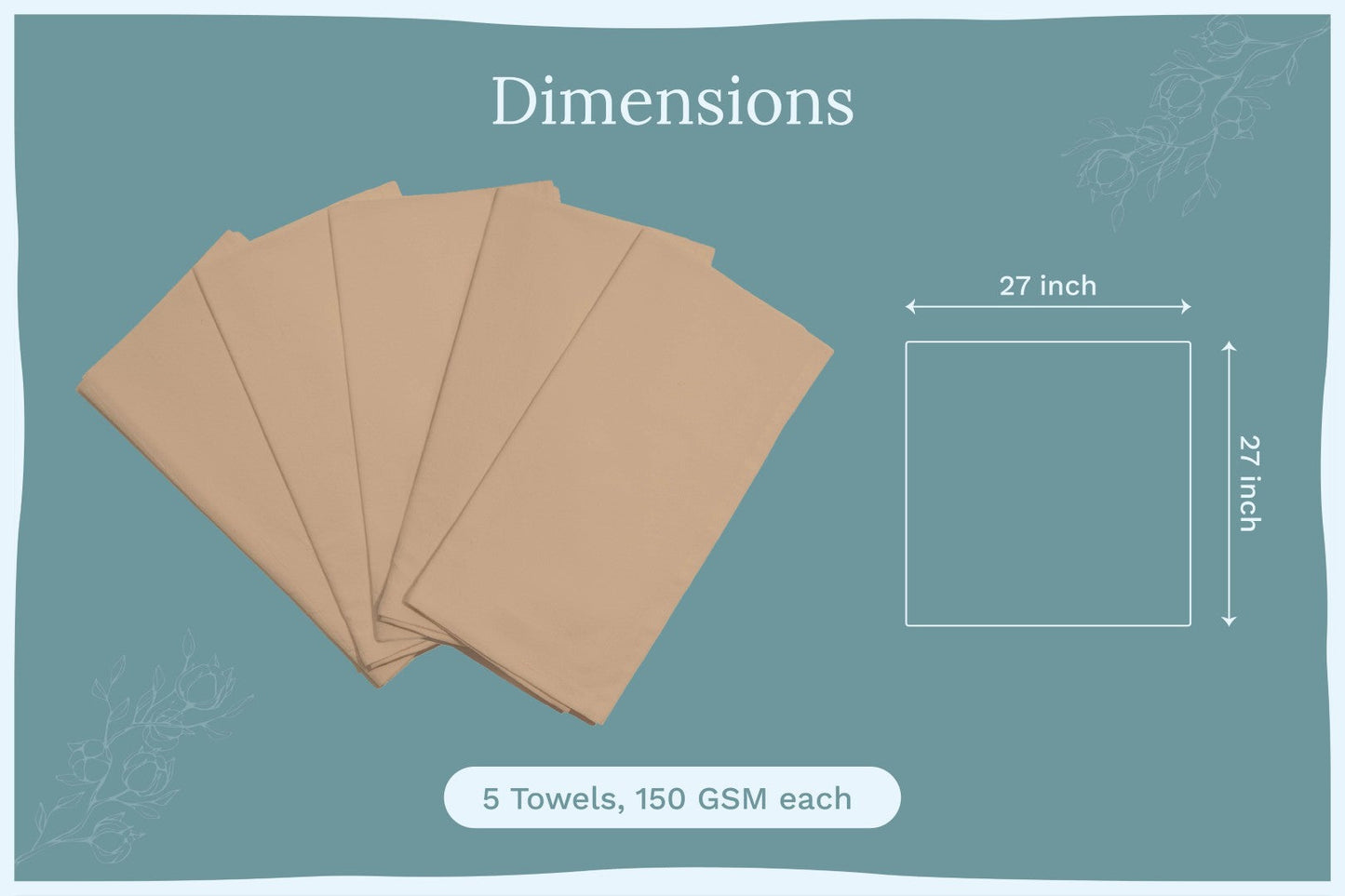 Five brown towels with dimensions on a teal background