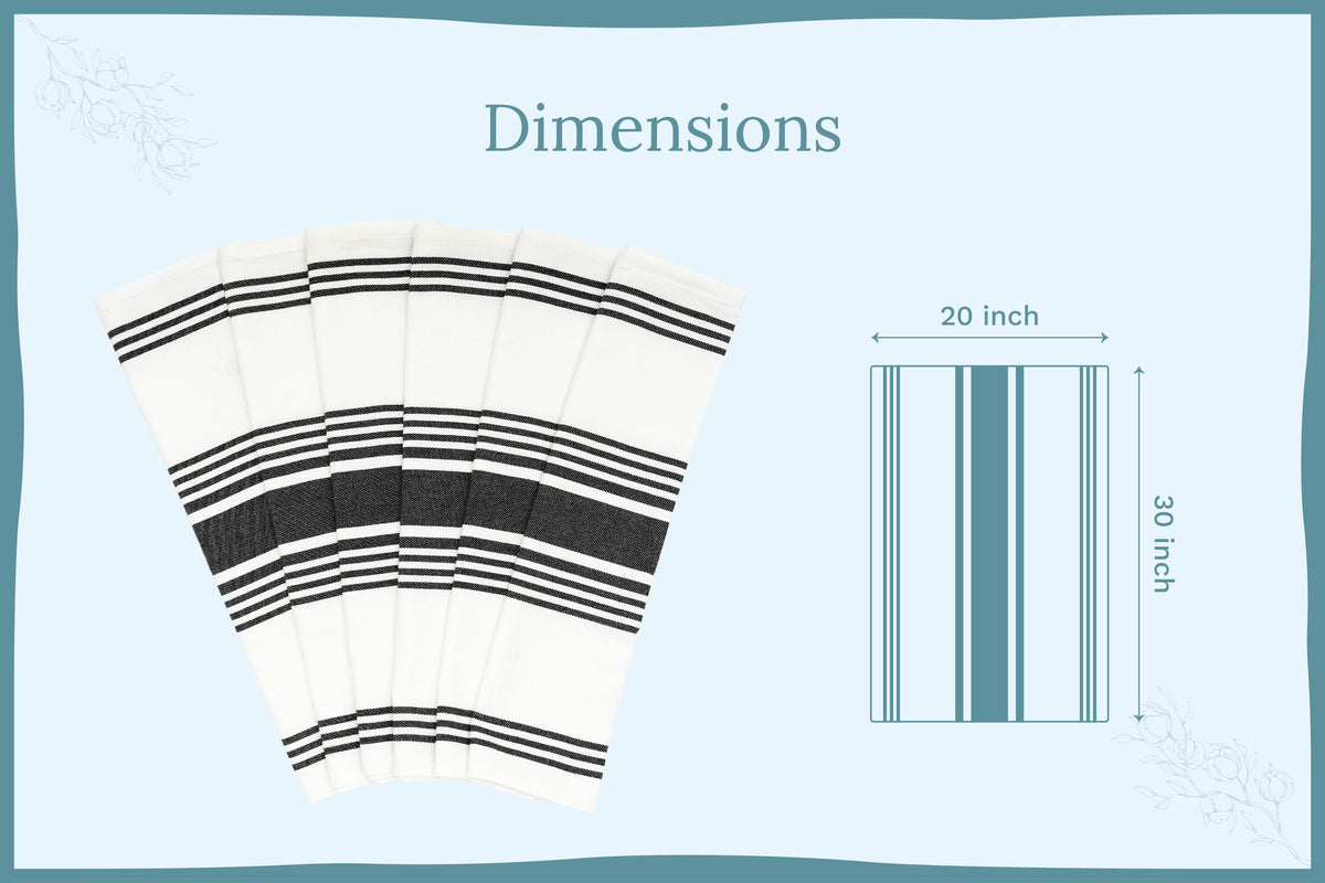 Striped towel with dimensions on a light blue background