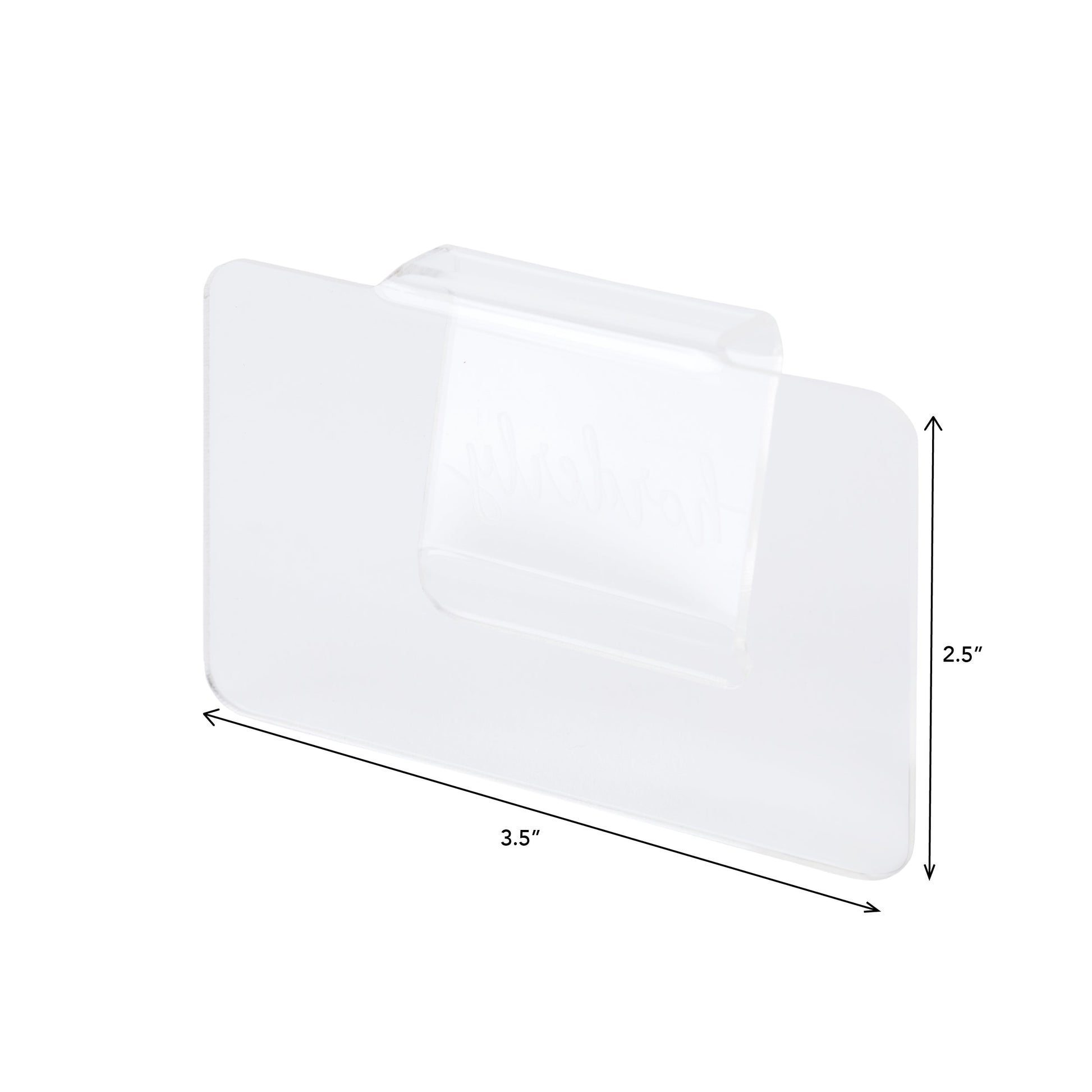 White rectangular objects with dimensions labeled on a white background. Clear Acrylic Bin Clip Labels - Organization Labels for Bins & Baskets by Horderly