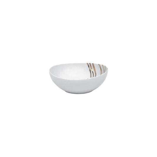 White ceramic bowl with gold stripe on a white background