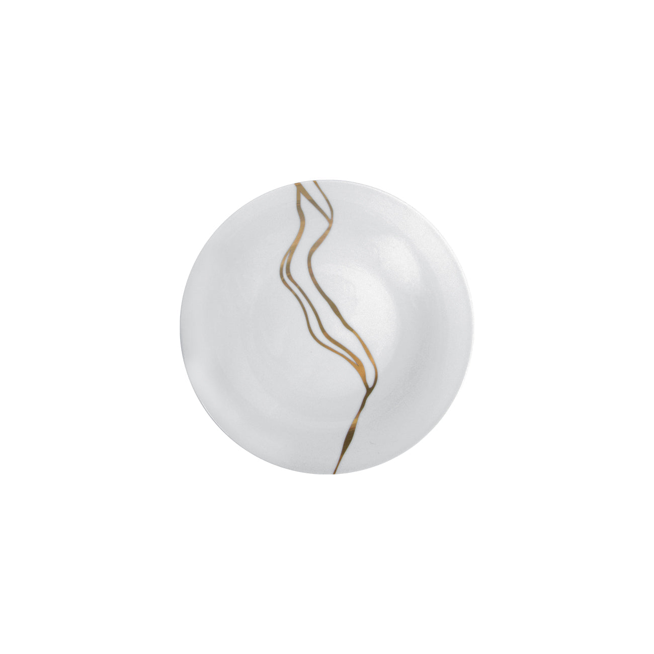 Round white plate with gold decorative line on a white background