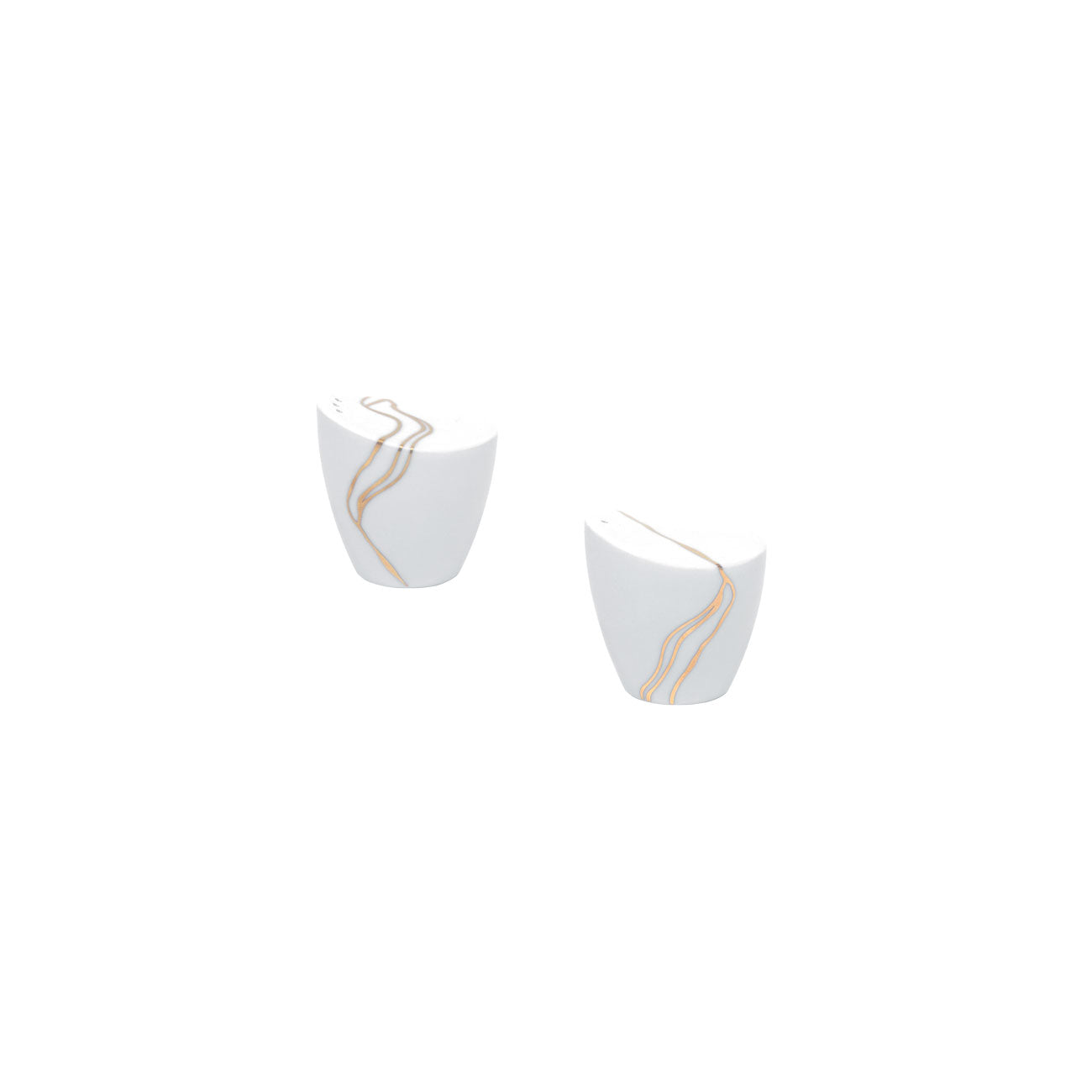 Two white ceramic cups with gold accents on a white background