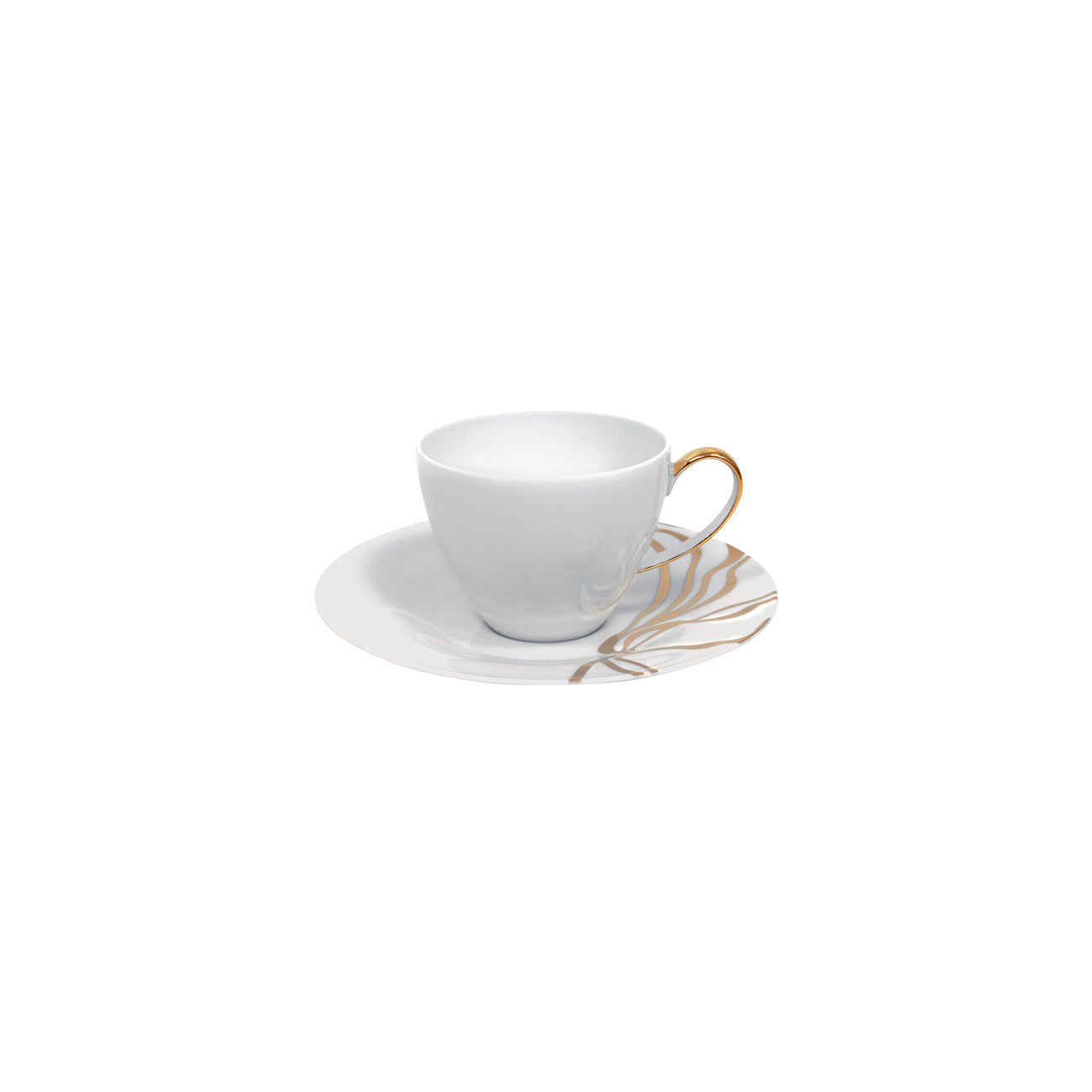 White teacup with gold handle on a matching saucer against a white background