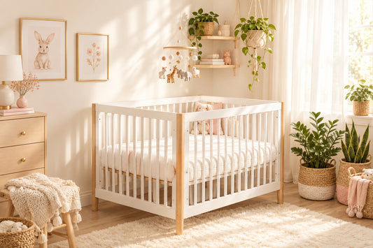White crib in a nursery with text highlighting features like 'Cozy & Uninterrupted Sleep', 'Soft & Comfortable', 'Skin-Friendly Fabric', and 'Suitable for All Seasons'.