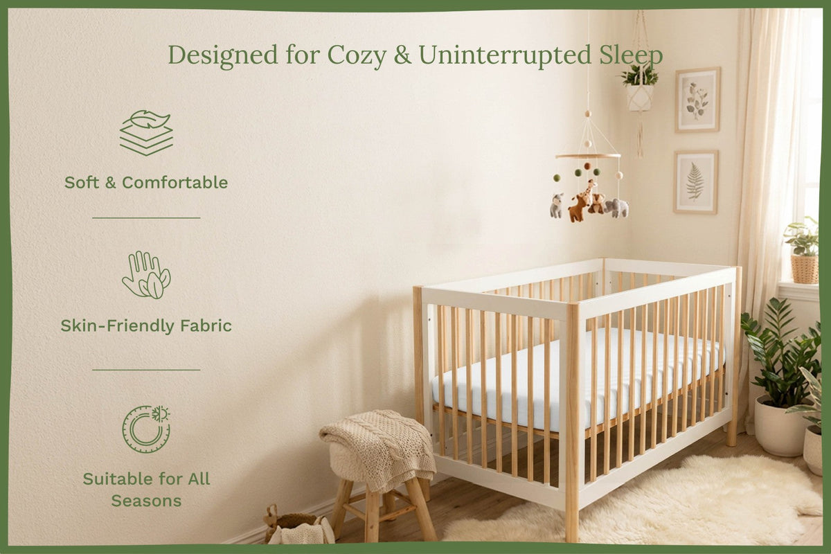 Nursery room with a wooden crib, soft rug, and decorative elements on a light background.