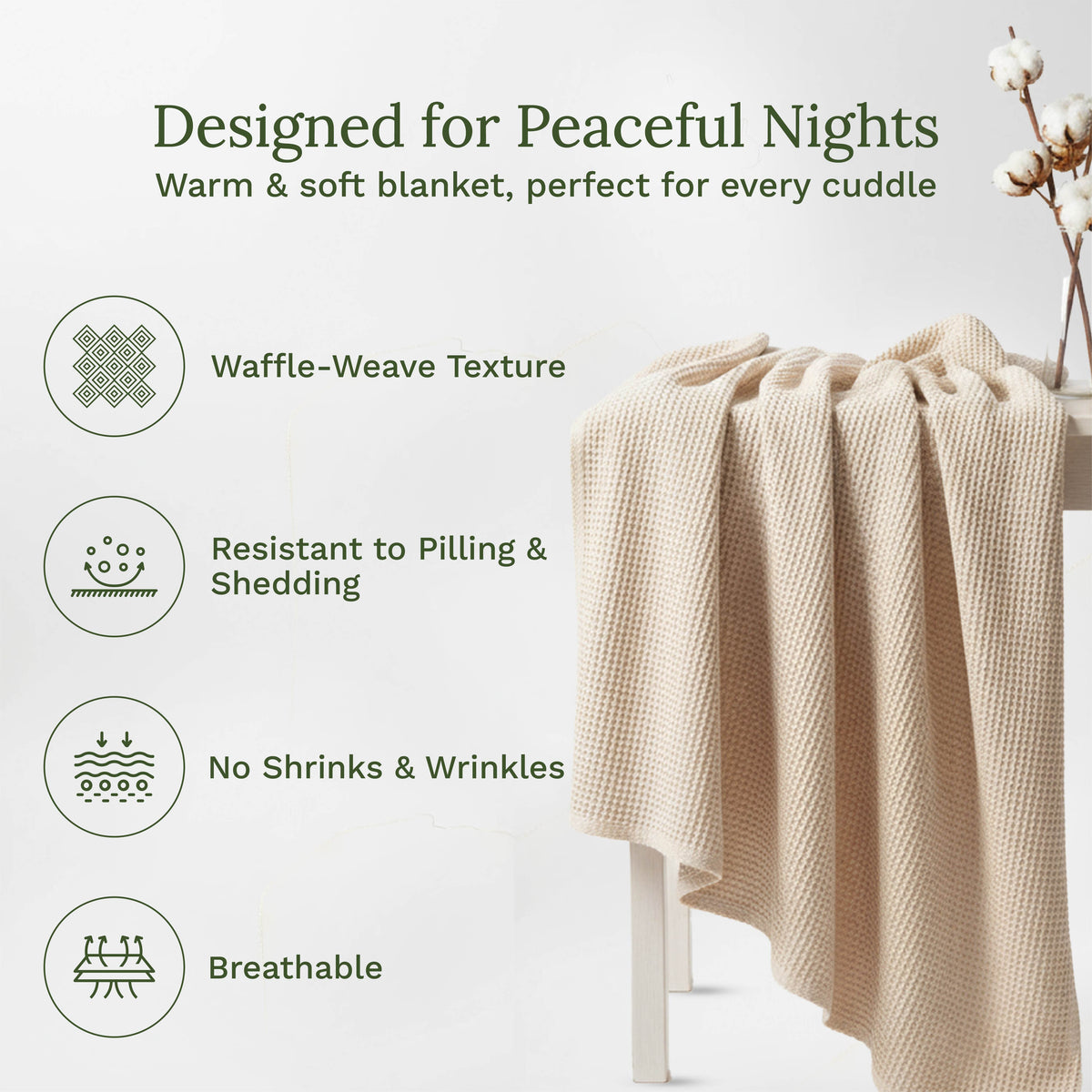 Beige blanket draped over a chair with text highlighting features on a light gray background