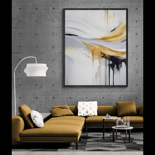 A large framed abstract wall art print hangs above a mustard yellow sectional sofa in a modern living room with a concrete wall, floor lamp, and gray patterned rug.