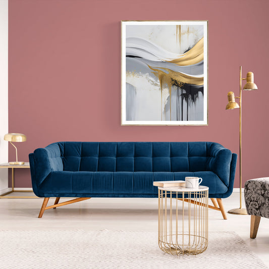 Modern living room with a blue sofa, gold side table, and abstract art on a red wall.