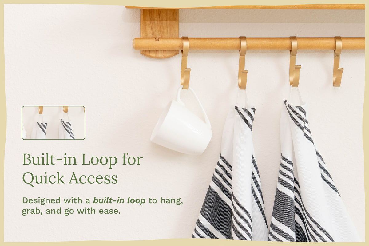 Wooden rack with hooks holding kitchen towels and a mug, with text about built-in loop for quick access.