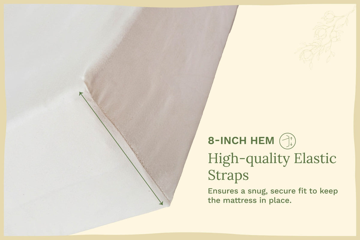 Text on mattress straps with 8-inch hem and high-quality elastic straps feature.