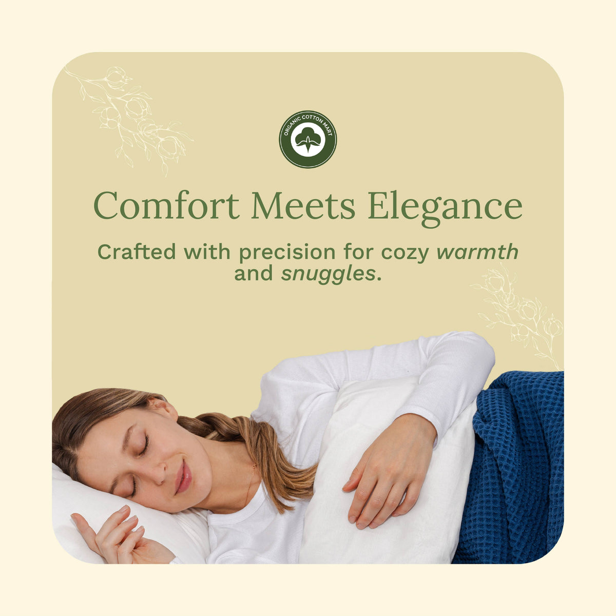 Woman sleeping under a white comforter with text about comfort and elegance.