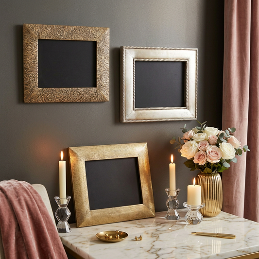 Three decorative picture frames in textured gold, silver, and textured bronze finishes displayed on a dark gray wall above a marble table with lit candles and a pink rose arrangement.
