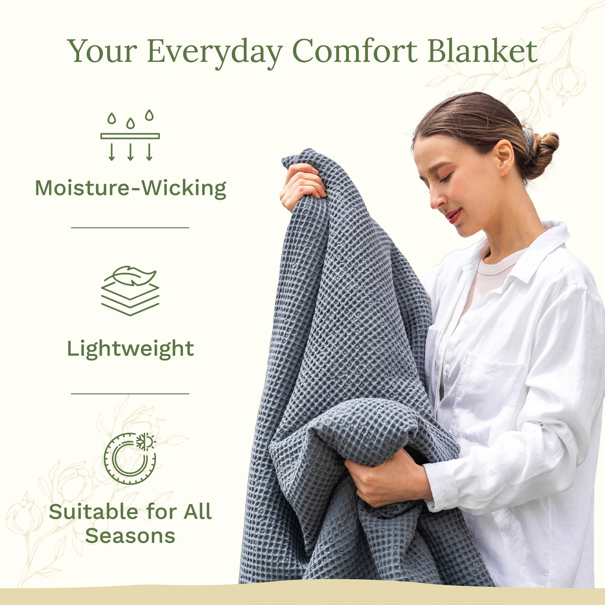 Woman holding a gray comfort blanket with features listed on the left.