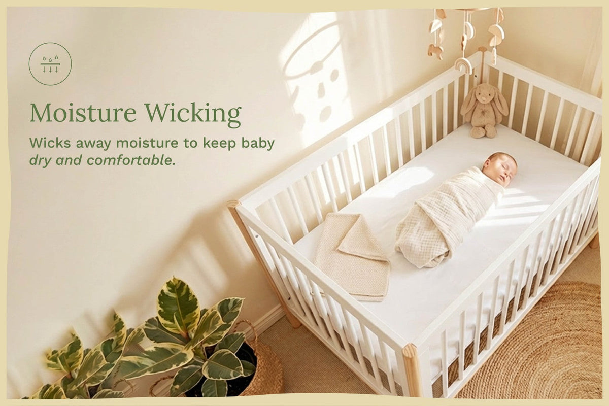 Baby in a crib with text about moisture wicking, surrounded by a plant and soft lighting.