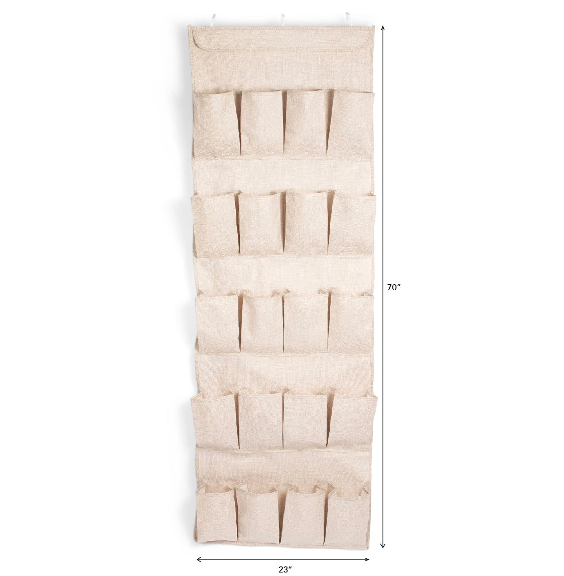 Beige over-the-door shoe organizer with measurements on a white background