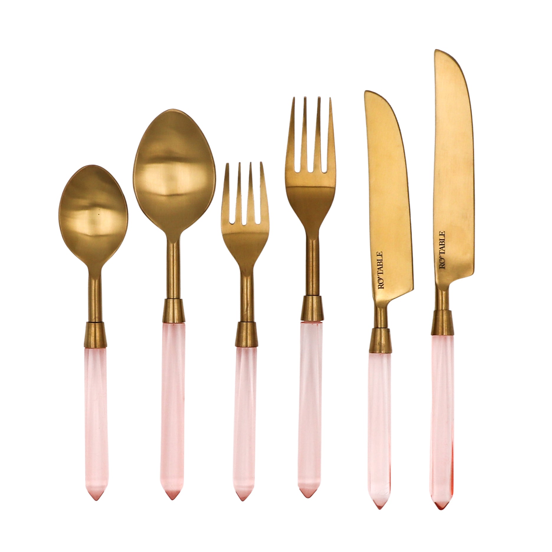 24pc Peony Blush cutlery set with gold finish and rose petal handles by Ro'Table
