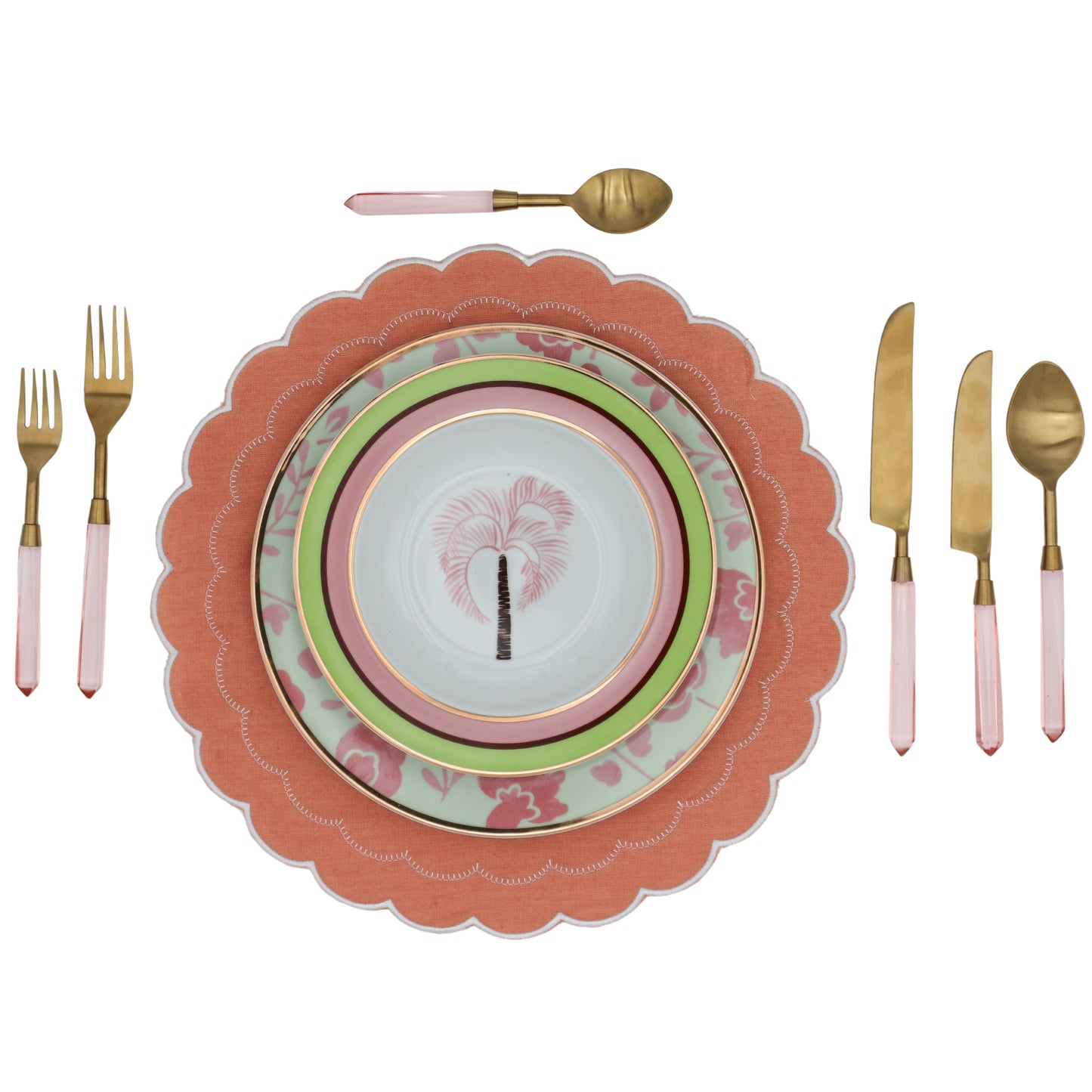 24pc Peony Blush cutlery set with gold finish and rose petal handles by Ro'Table on a setting