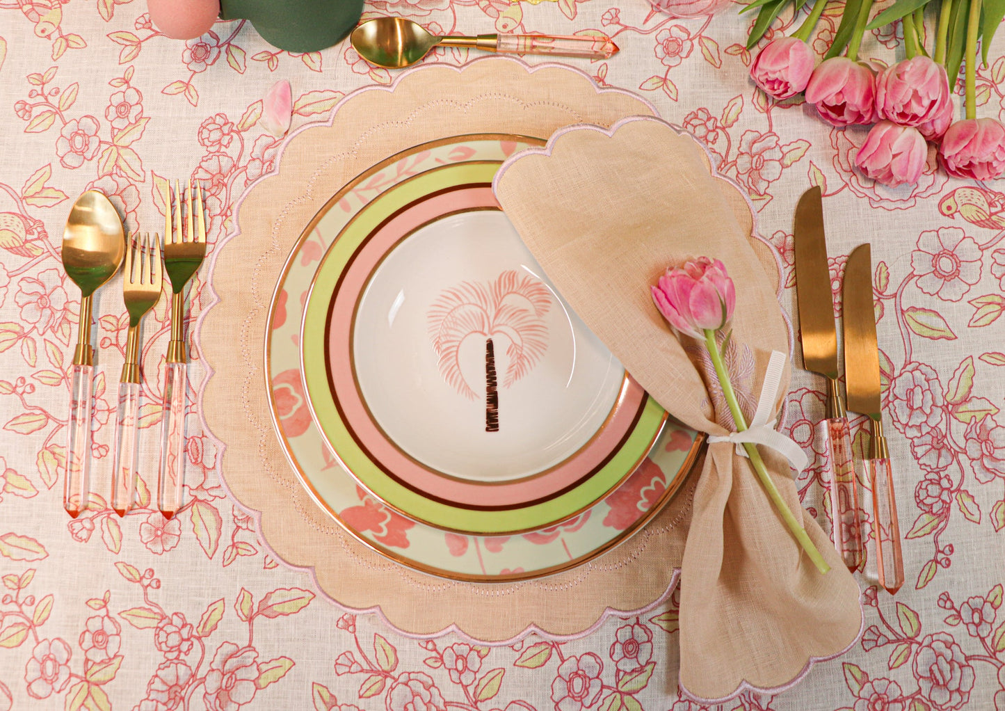24pc Peony Blush cutlery set with gold finish and rose petal handles by Ro'Table- spring setting 