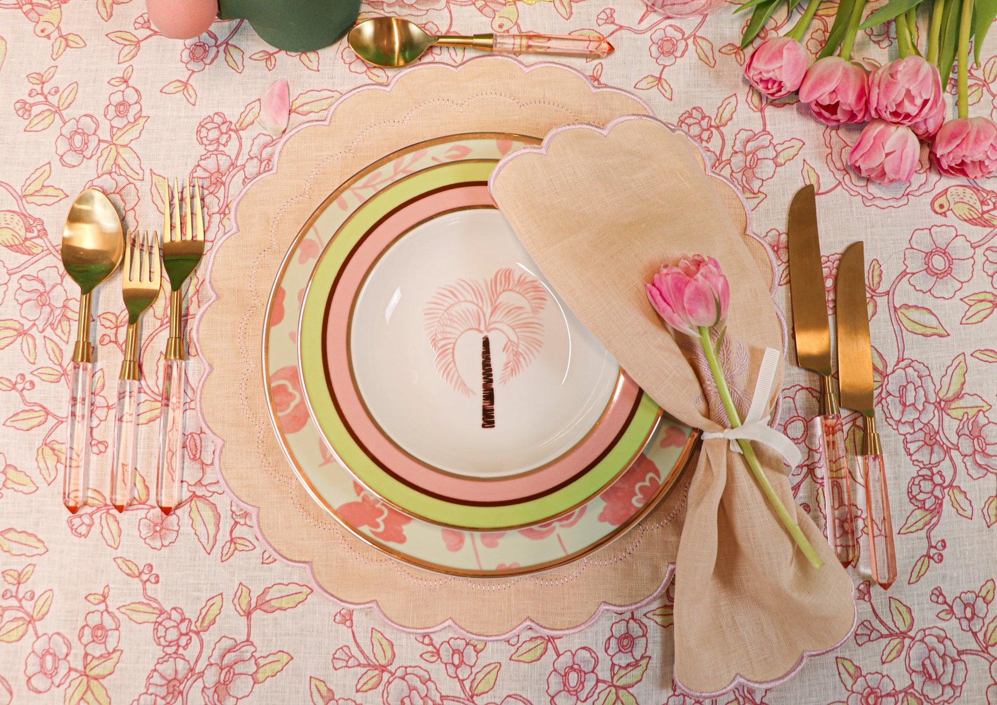 24pc Peony Blush cutlery set with gold finish and rose petal handles by Ro'Table- spring setting 