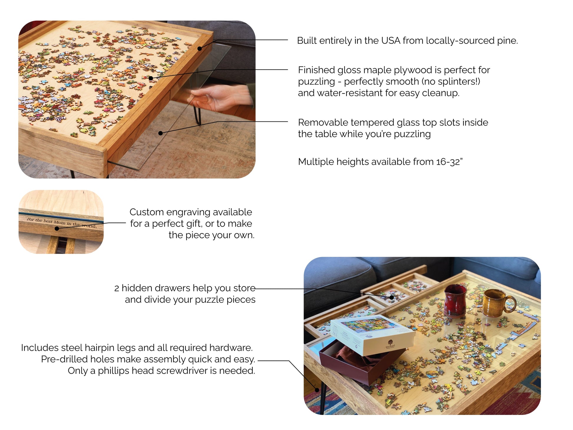 Wooden puzzle table with features highlighted on a white background