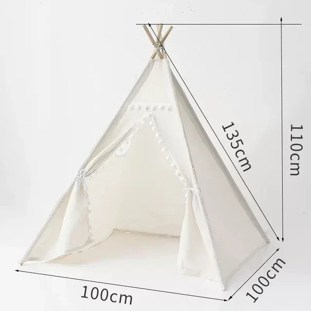 White children's teepee tent with dimensions on a white background