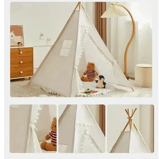 Children's teepee with toys inside in a room setting