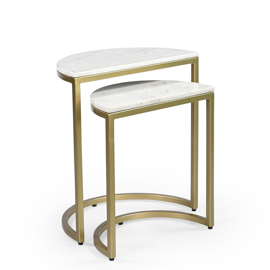 Set of two marble top side tables with gold metal frames on a white background