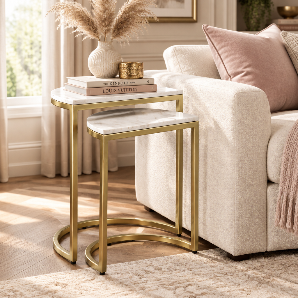 A gold metal side table with a white marble top and matching marble-topped stool in a bright living room beside a cream sofa. Decorative books, a vase with dried grass, and small gold candle holders sit on the table.