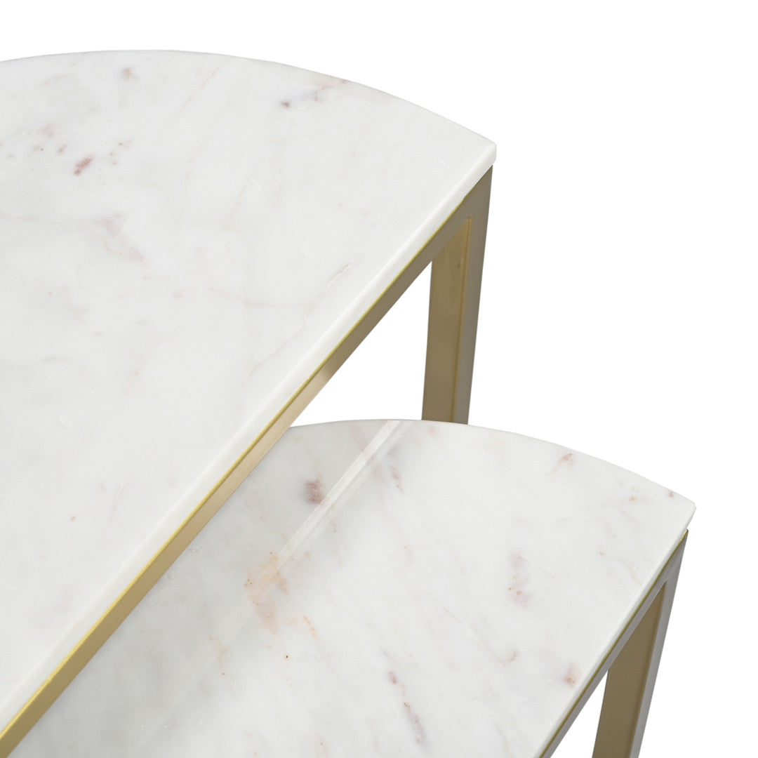 Two marble top tables with gold metal frames on a white background