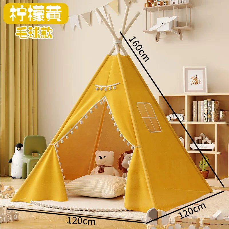 Yellow children's play tent with measurements in a room setting