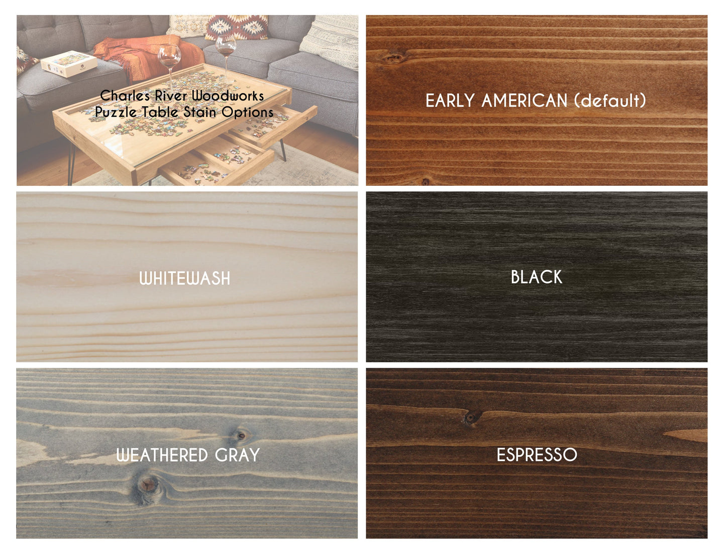 Wooden table with puzzle design and six wood stain color options displayed.