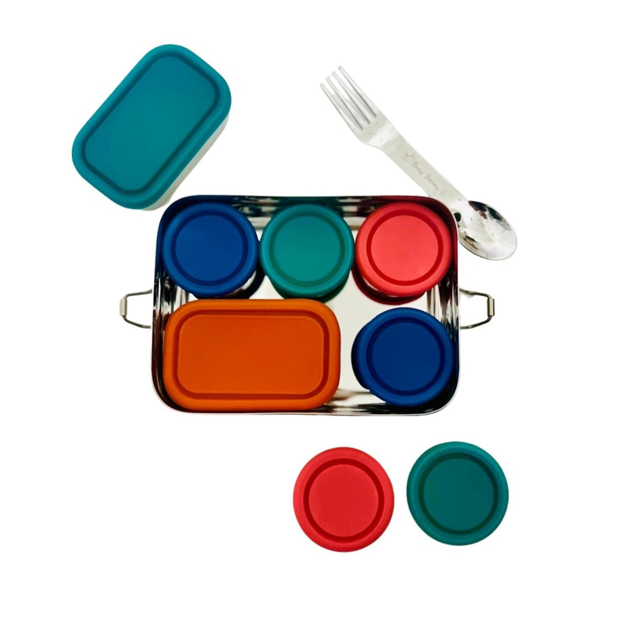 Colorful food containers with lids and cutlery on a white background - Stainless Steel Snack Box Bundle - 6 Containers, Spork & Leakproof Design for On-The-Go