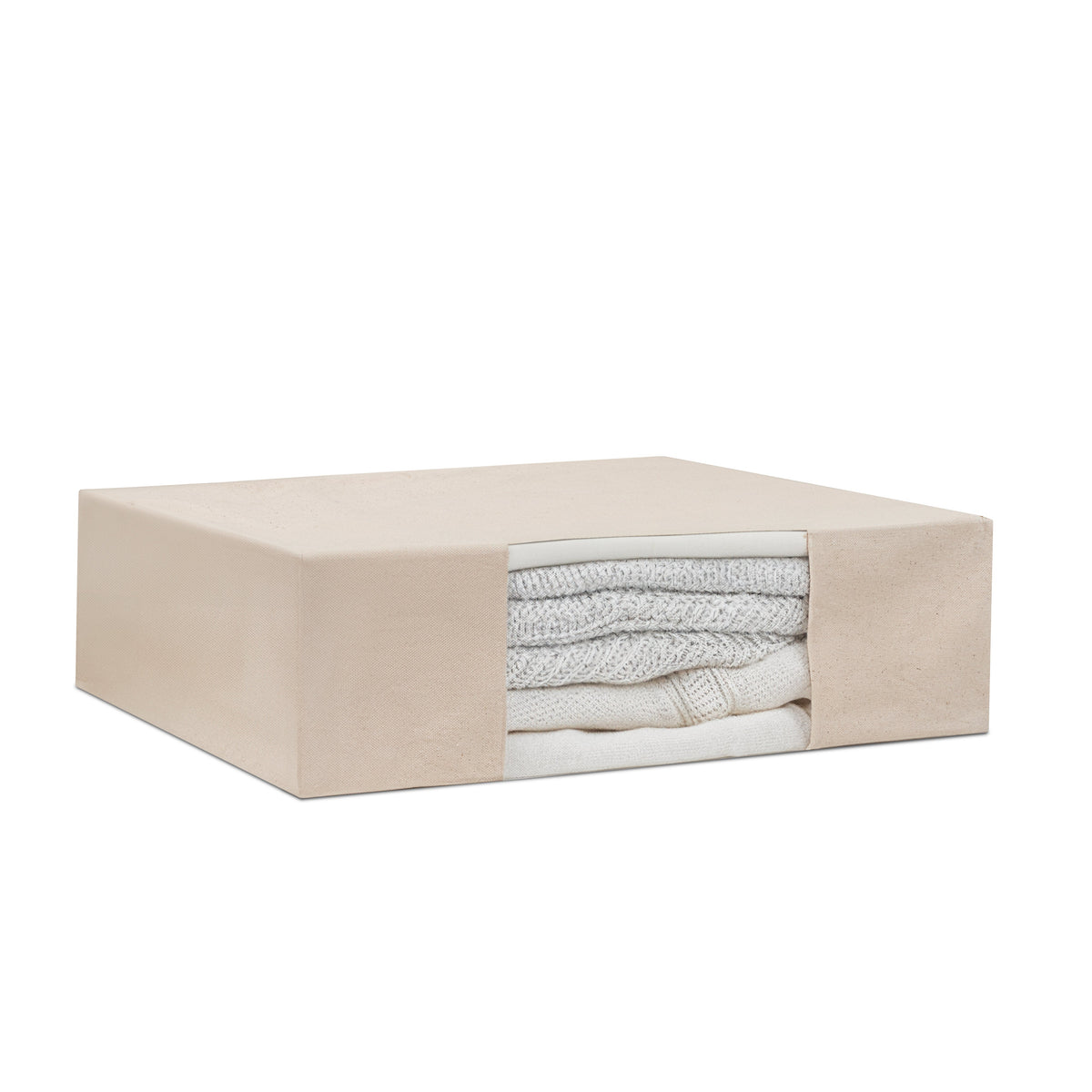 A beige fabric storage box with a front window showing folded white and light gray knit blankets or towels inside, photographed on a clean white background.