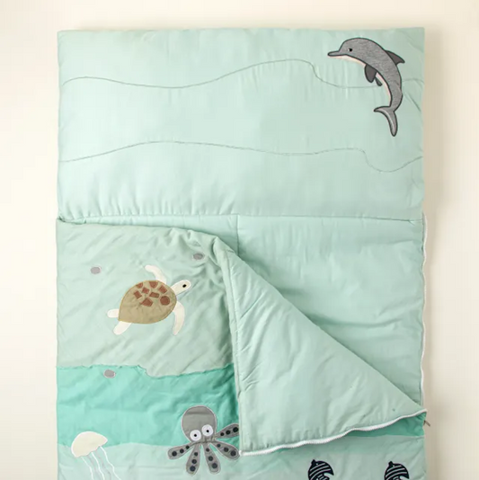Children's cotton sleeping bag quilt.  See creatures; oh good, turtle, fish, dolphin.  