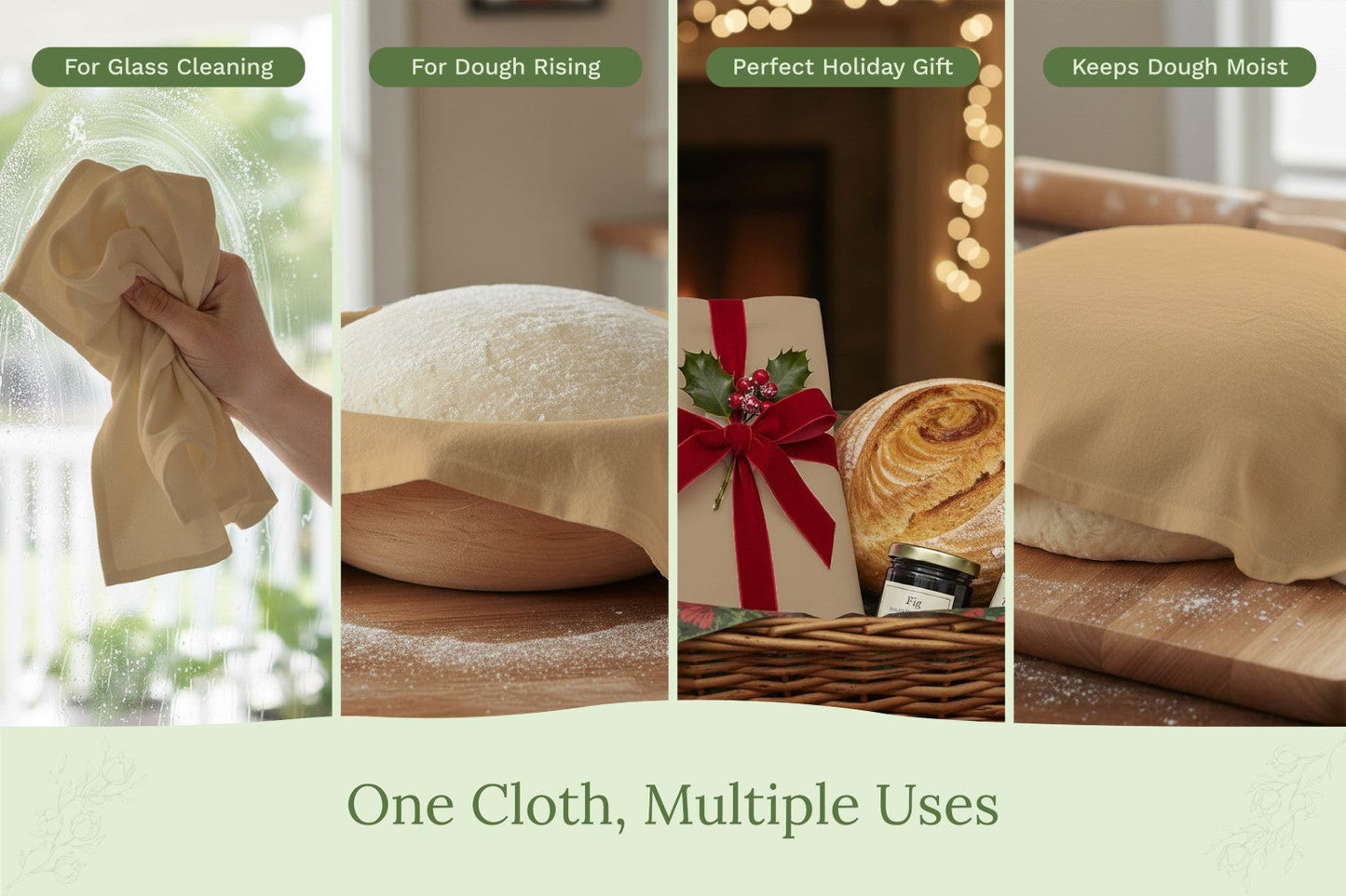Multifunctional cloth used for glass cleaning, dough rising, gift wrapping, and keeping dough moist.