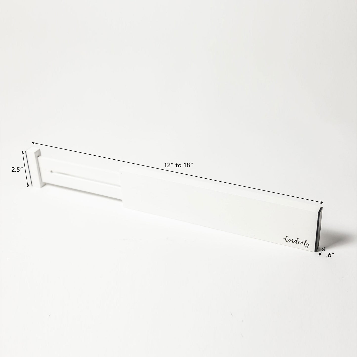 White rectangular expandable bamboo drawer separator with horderly branding on a white background -- measurements