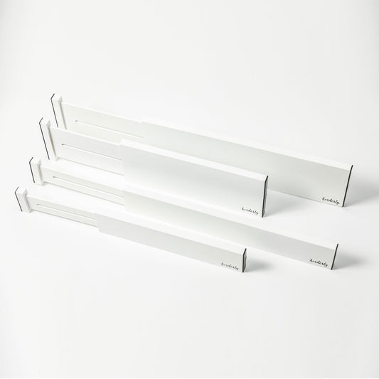 Set of white rectangular expandable bamboo drawer separators with horderly branding on a white background