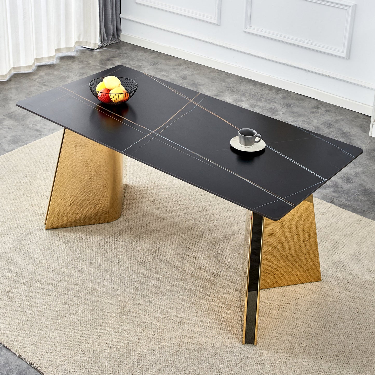 Black Marble-Patterned Slab Dining Table with Golden Stainless Steel