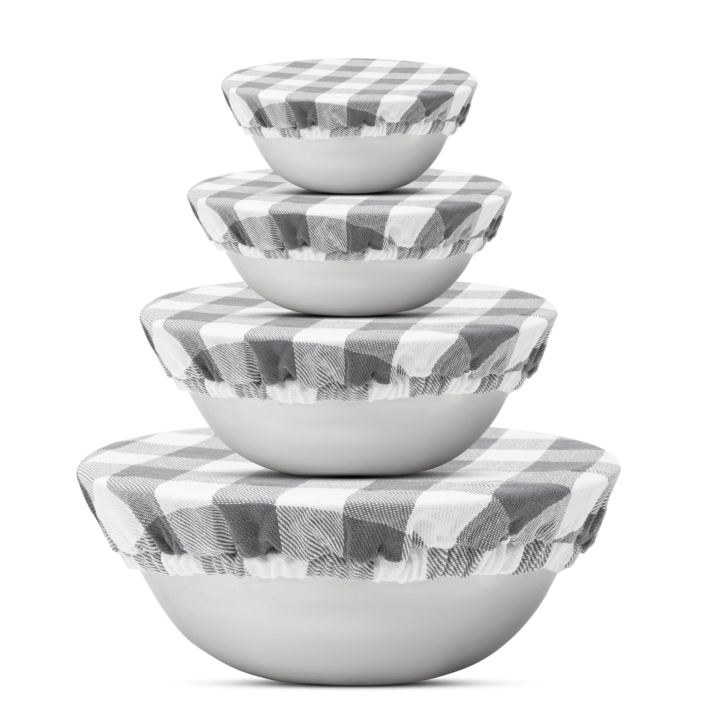 Set of five white bowls with gray checkered lids stacked on a white background. Plaid cloth covering a bowl.  Elastic edge for proper fit. Flax Linen.