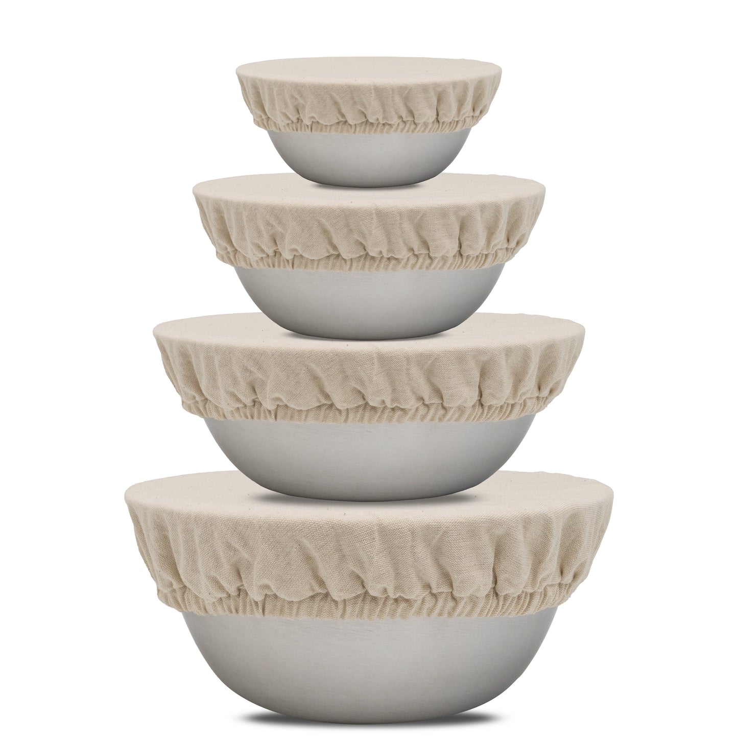Set of four white bowls with beige covers on a white background. Flax linen covering a bow. Elastic for proper fit. Flax Linen. Wheat/beige