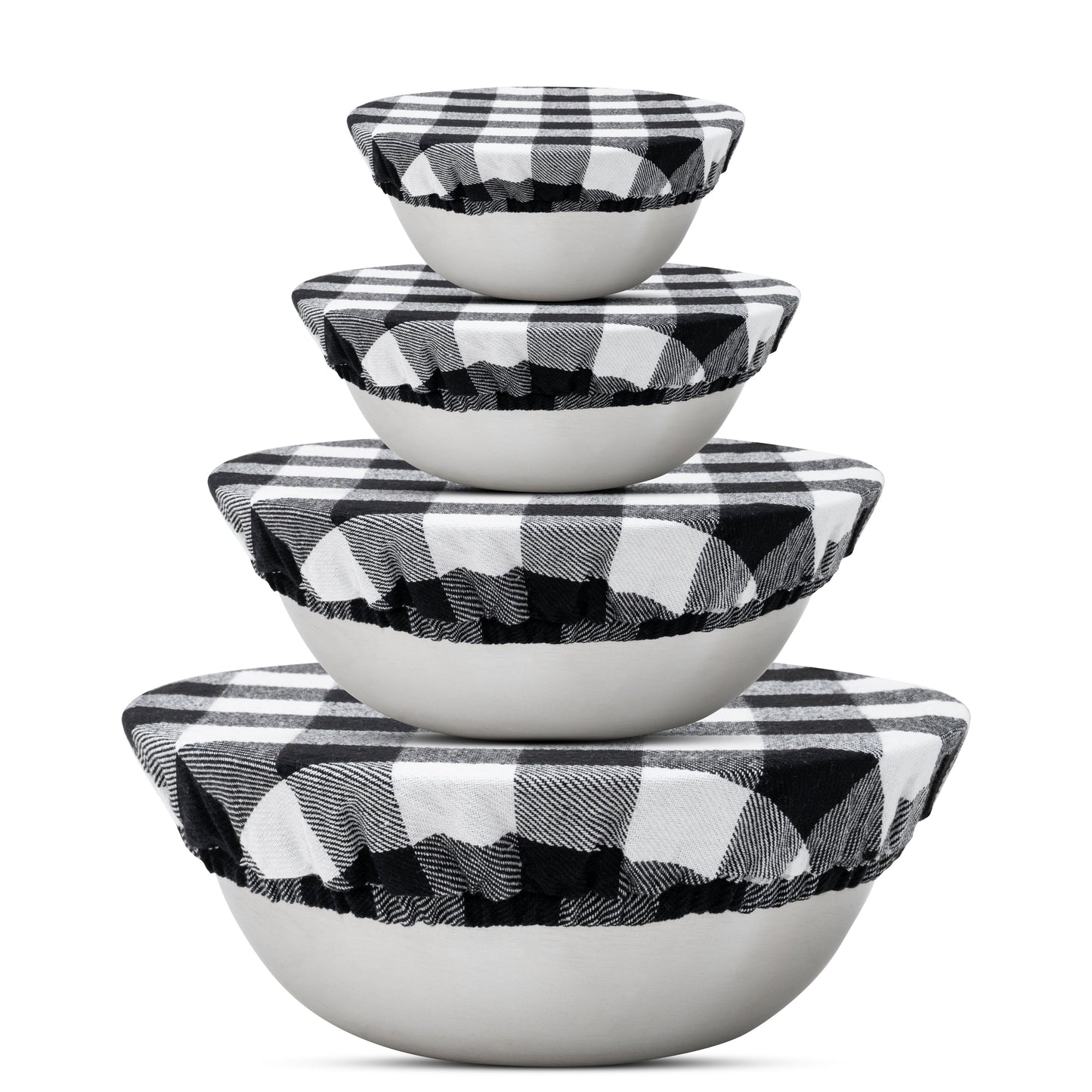 Set of five white bowls with black and white checkered lids on a white background. Plaid cloth covering a bowl.  Elastic for proper fit. Flax Linen.