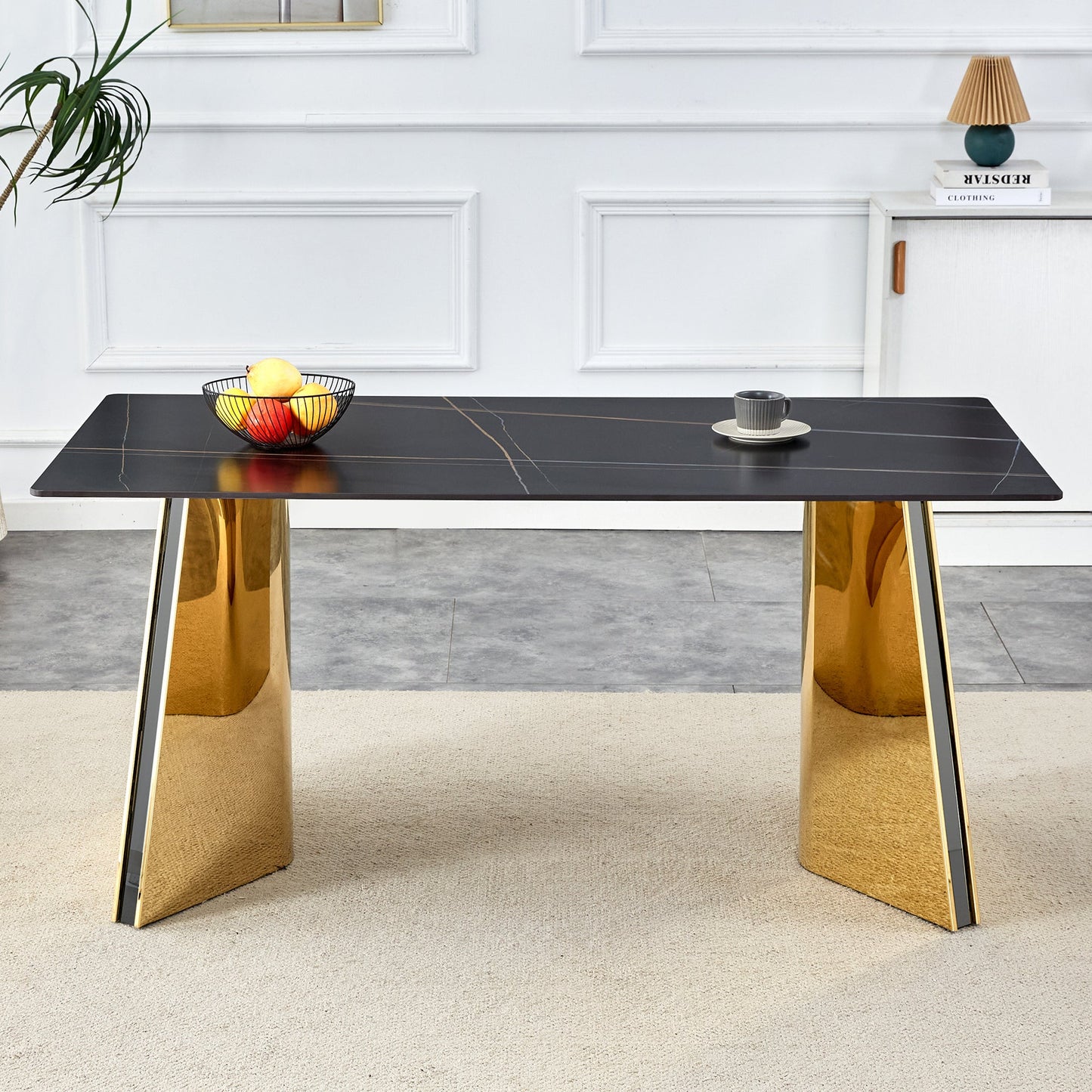 Black Marble-Patterned Slab Dining Table with Golden Stainless Steel