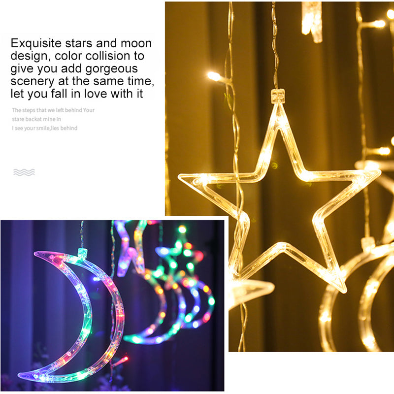 Moon Star Lamp String Light Remote Control - Electric Curtain w/ 8 Flicker Modes - Celestial Theme